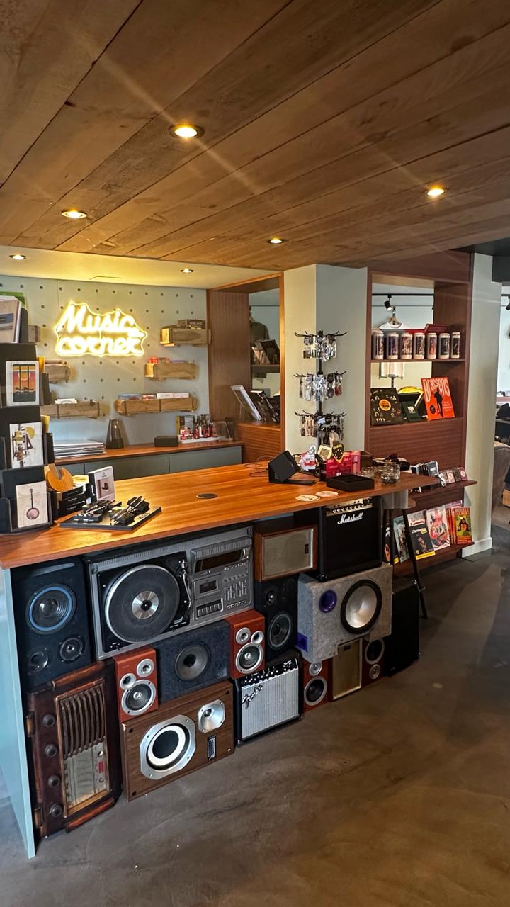 Music Corner counter with neon sign